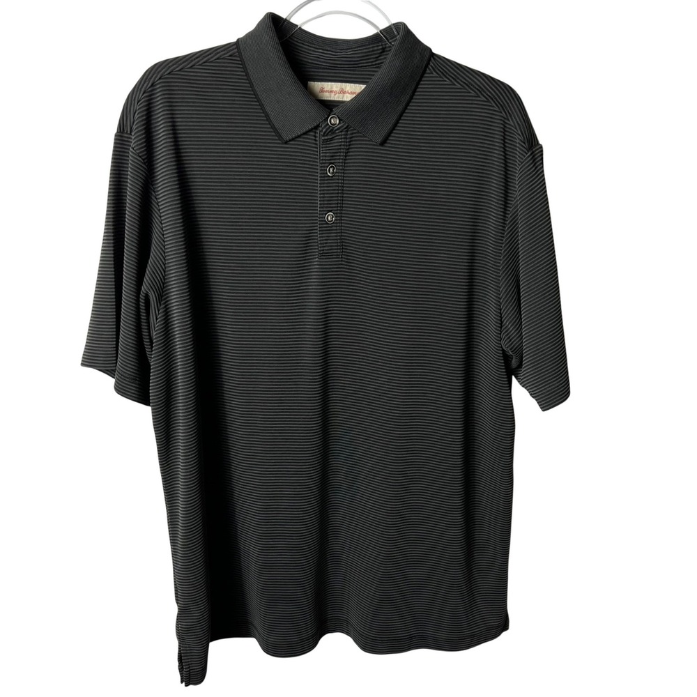 Tommy Bahama Mens Large Polo Shirt Black Grey Striped Textured Modal Blend Short - Picture 3 of 8